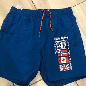 Napapijri Electric Blue Swim Trunks with Flag Graphic